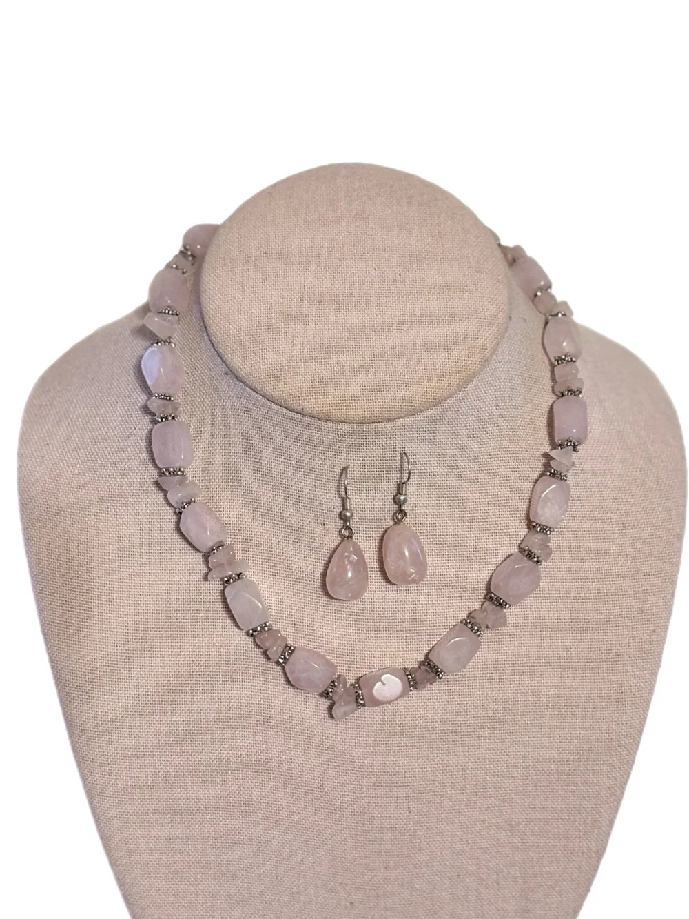 Vintage Pink Rose Quartz Beaded Necklace and Matching Drop Earrings